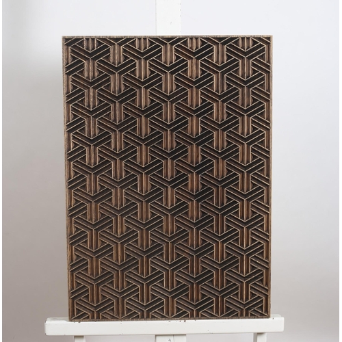 287 - THREE NAZ DESIGN HARDWOOD PANELS with geometric and honeycomb pattern 
Each 50cm (h) x 70cm (w)