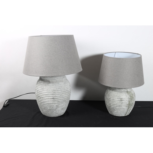 308 - A PAIR OF FERN COTTAGE INTERIORS TABLE LAMPS each of bulbous form with reeded decoration and shades ... 