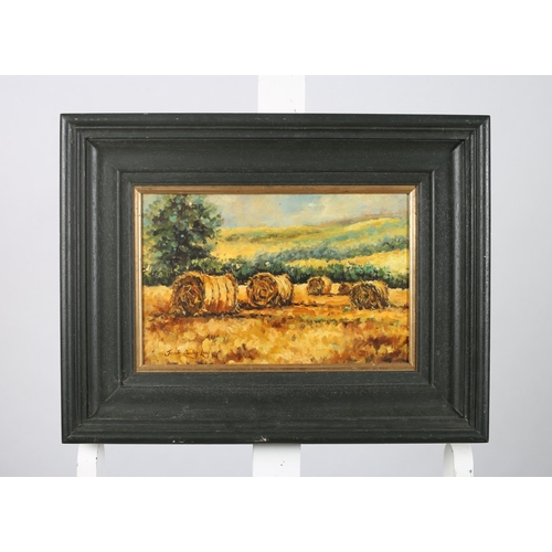 318 - JACINTA CROWLEY LONG 
Mountain Landscape with Bales of Hay
Oil on board 
Signed lower left, dated 19... 