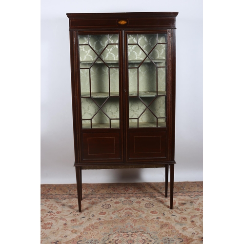 359 - A VINTAGE MAHOGANY INLAID CHINA DISPLAY CABINET of rectangular outline the moulded cornice above a p... 