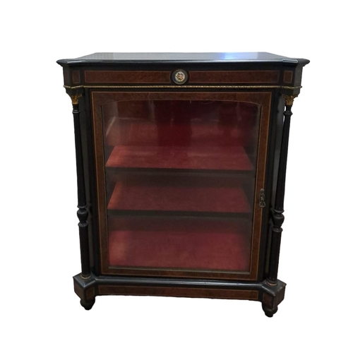 374 - A 19TH CENTURY EBONISED BURR WALNUT AND GILT BRASS MOUNTED SIDE CABINET of rectangular outline the s... 