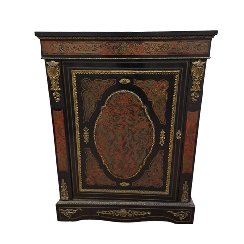 375 - A 19TH CENTURY EBONISED RED BOULLE AND GILT BRASS MOUNTED SIDE CABINET of rectangular outline the sh... 