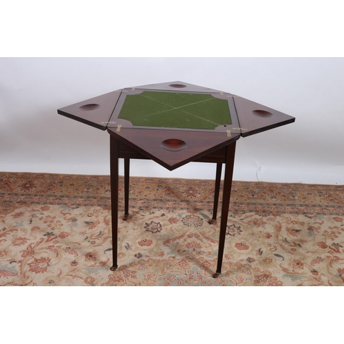 384 - AN EDWARDIAN MAHOGANY ENVELOPE CARD TABLE of square form the shaped top with hinged leaves containin... 