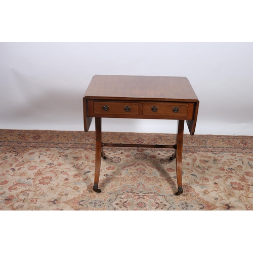 389 - A REGENCY STYLE MAHOGANY AND BURR WALNUT CROSS BANDED SOFA TABLE the rectangular hinged top with two... 