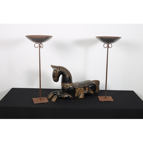 414 - A HARDWOOD CARVED FIGURE modelled as a horse shown recumbent
36cm (h) x 63cm (w) x 18cm (d), A PAIR ... 