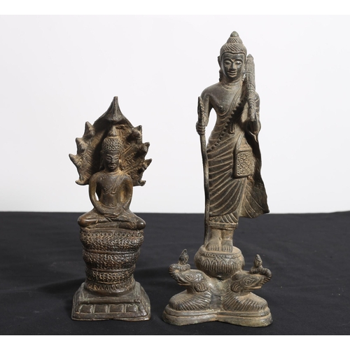 481 - TWO BRONZE FIGURES each modelled as a Buddha shown standing 
The taller 27cm (h) 
The smaller 29cm (... 