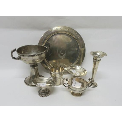 510 - A COLLECTION OF SILVER to include a Celtic pattern chalice, a silver loving cup, a silver salver ins... 