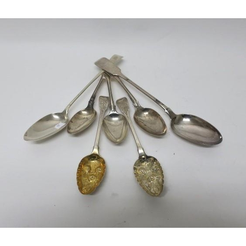 517 - A PAIR OF GEORGIAN SILVER AND GILT BERRY SPOONS London 1817, three silver shell pattern serving spoo... 