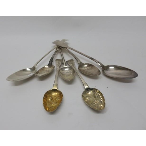 517 - A PAIR OF GEORGIAN SILVER AND GILT BERRY SPOONS London 1817, three silver shell pattern serving spoo... 