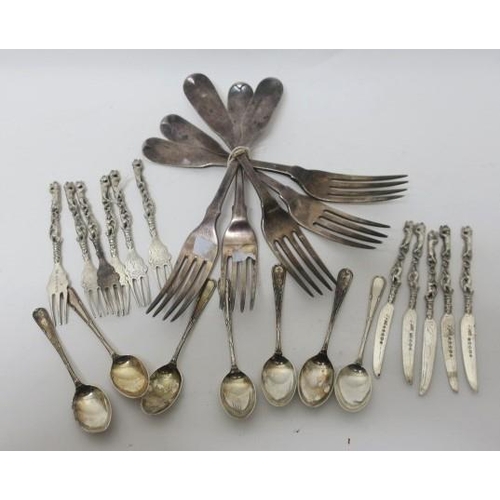 518 - FIVE ODD SILVER FORKS (marks rubbed), an eleven piece silver fruit set comprising six forks, five kn... 