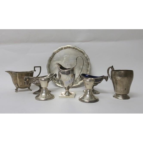 527 - A COLLECTION OF SILVER to include a Sheffield salver 1960, a pair of silver Adam design salts (one l... 