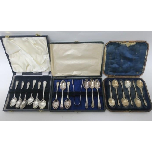 544 - SIX SILVER APOSTLE SPOONS in case Sheffield 1930, six silver teaspoons in case Sheffield 1919, six p... 