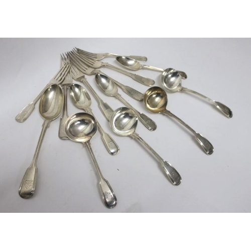 547 - ONE SILVER SERVING SPOON, four silver ladles, a pair of table forks, four dinner forks, three desser... 