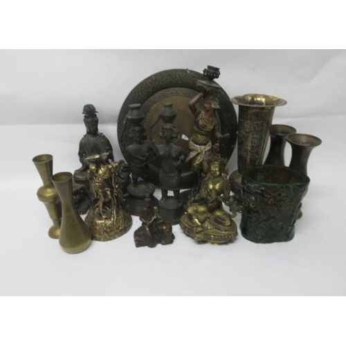 563 - A MISCELLANEOUS COLLECTION to include gilt brass and spelter figures modelled as Buddha, brass trays... 