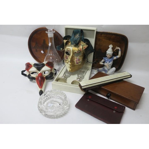 568 - A MISCELLANEOUS COLLECTION to include two masks, a geometry set, a slide rule, a decanter with stopp... 