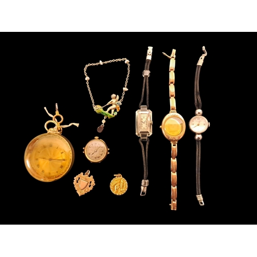 635 - TWO GOLD COCKTAIL WATCHES, A GOLD MEDAL, TWO LADIES WRIST WATCHES, NINE QUARTER DOLLARS etc.