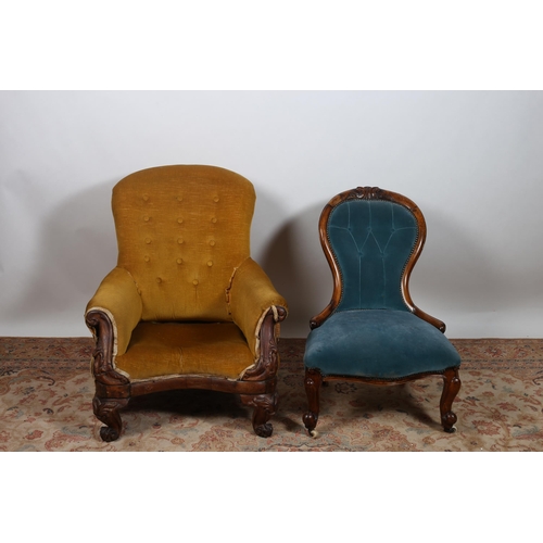 642 - A 19TH CENTURY WALNUT AND UPHOLSTERED LADY'S CHAIR with buttoned upholstered back and seat on cabrio... 