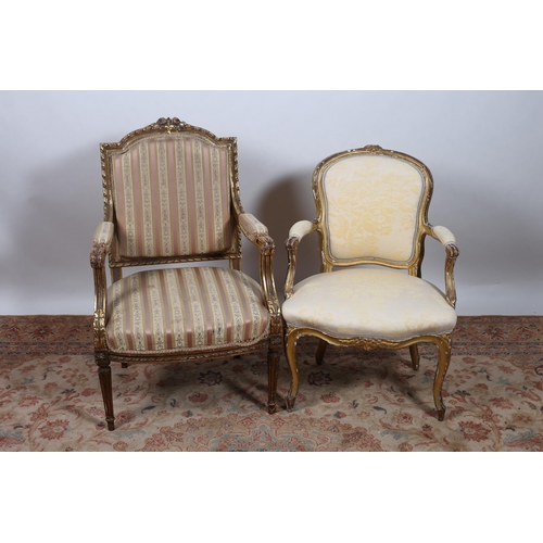 649 - TWO CONTINENTAL GILTWOOD AND UPHOLSTERED ELBOW CHAIRS each with an upholstered back and seat with up... 