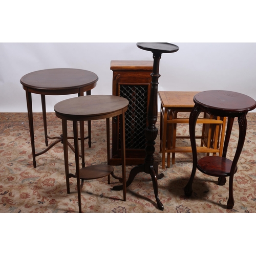 731 - TWO VINTAGE MAHOGANY OCCASIONAL TABLES together with A YEW WOOD NEST OF THREE TABLES, A HARDWOOD CAB... 