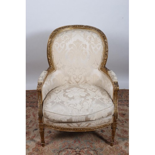 649 - TWO CONTINENTAL GILTWOOD AND UPHOLSTERED ELBOW CHAIRS each with an upholstered back and seat with up... 