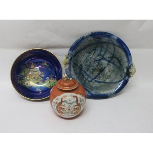 479 - A CARLTON WARE FAIRYTALE PATTERN BOWL, an oriental lidded jar, a Michael Kennedy ceramic bowl (3)