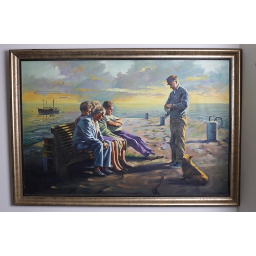 448 - Harbour Scene with Figures 
Oil on canvas
Signed Jose Mange
77cm (h) x 119cm (w), Farmyard Scene wit... 