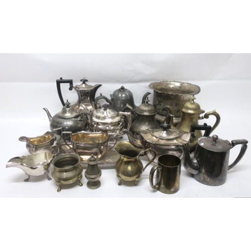 587 - A COLLECTION OF PLATED WARE to include teapots, coffee pots, cream jugs, etc.