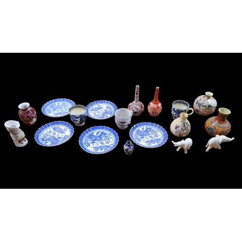 379 - A COLLECTION OF CHINA to include an Imari style rose vase, two carved bone figures each modelled as ... 