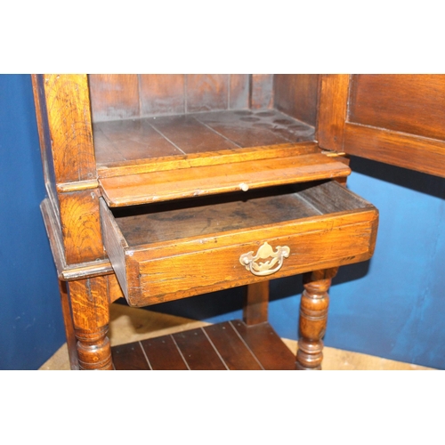 383 - A JACOBEAN STYLE OAK CABINET of rectangular outline the shaped top above a shaped panel door with br... 