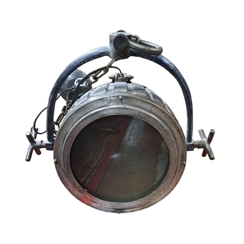 390 - A VINTAGE SHIP'S SPOTLIGHT CEILING LIGHT of cylindrical form with adjustable arm and link chain susp... 