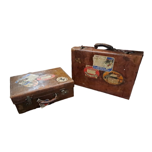 398 - TWO VINTAGE LEATHER SUITCASES 
Bears label Fr. Cunard White Star Line 
Monogrammed 'Mac. H.'
With le... 