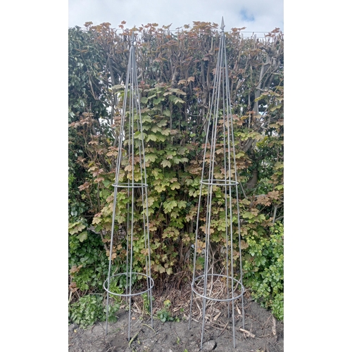 403 - A PAIR OF WROUGHT IRON PYRAMID SHAPED TOPIARY STANDS with sphere finials 
295cm (h) x 57cm (d)