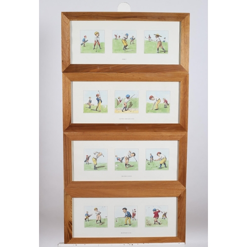 435 - A SET OF FIVE AMUSING GOLFING COLOURED PRINTS 
In hardwood frames
Inscribed 'Four Course Hazard' 'Ge... 