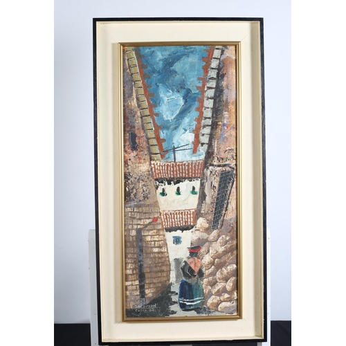 548 - SOLOMON PERUVIAN SCHOOL
Figure in an Alleyway 
Oil on panel 
Signed lower left
Dated 77'
23cm (h) x ... 