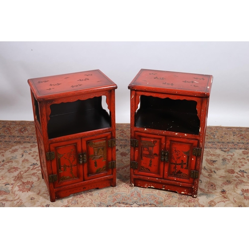 65 - A PAIR OF CHINESE RED LACQUERED SIDE CABINETS  decorated overall with pagodas figures and foliage th... 