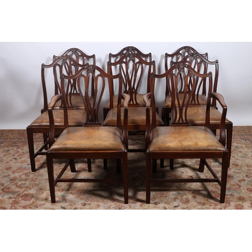 72 - A SET OF EIGHT HEPPLEWHITE STYLE DINING CHAIRS, including a pair of elbow chairs, each with a curved... 