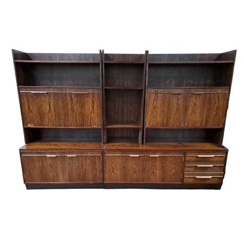 187 - A VINTAGE ROSEWOOD WALL CABINET of rectangular outline with open shelves, hinged compartments and dr... 