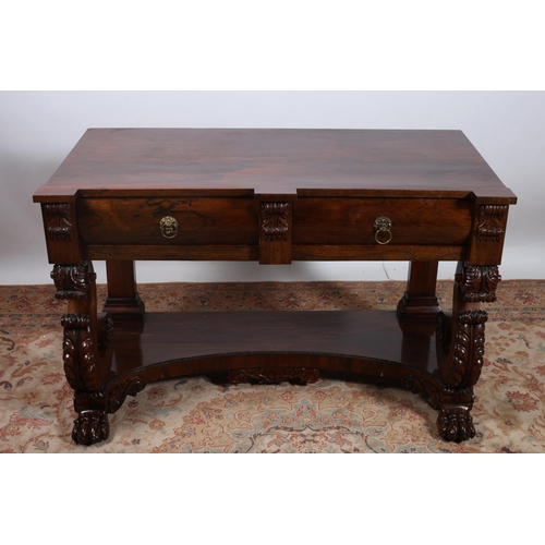 193 - A FINE 19TH CENTURY ROSEWOOD CONSOLE TABLE of inverted breakfront outline the shaped top above two f... 