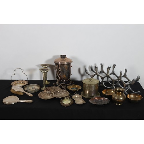 503 - A MISCELLANEOUS COLLECTION OF PLATED WARE AND BRASS WARE to include a three compartment wine rack, a... 