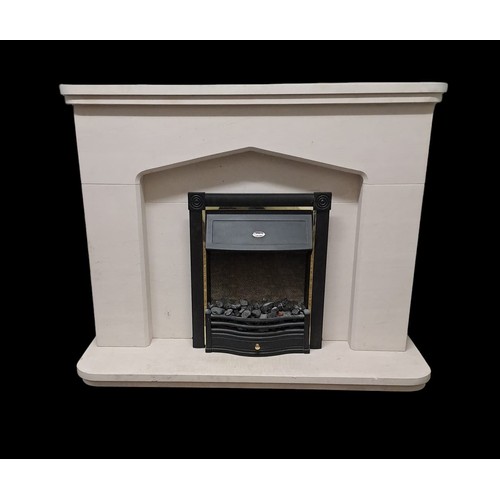 560 - A COMPOSITION STONE FIREPLACE the rectangular shelf above an arched frieze on moulded base inset wit... 