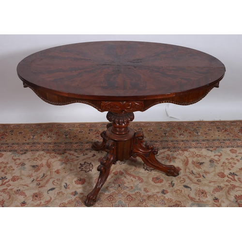 226 - A CONTINENTAL MAHOGANY CROSSBANDED POD TABLE of oval outline the shaped top with carved shaped friez... 