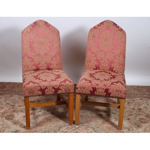 198 - A PAIR OF GOTHIC STYLE BEECHWOOD AND UPHOLSTERED SIDE CHAIRS each with a rectangular arch upholstere... 