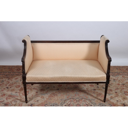 241 - A 19TH CENTURY HEPPLEWHITE STYLE MAHOGANY AND UPHOLSTERED SETTEE the rectangular upholstered back an... 