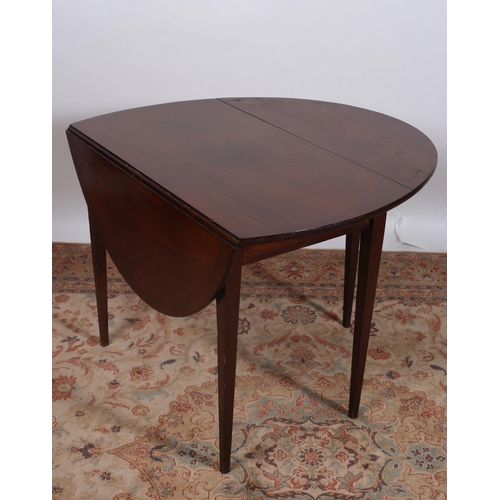 242 - A GEORGIAN STYLE MAHOGANY AND BRASS INLAID DROP LEAF TABLE the oval hinged top above a frieze drawer... 