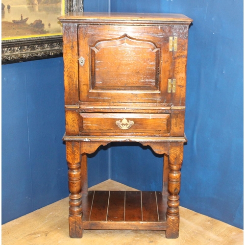 329 - A JACOBEAN STYLE OAK CABINET of rectangular outline the shaped top above a shaped panel door with br... 