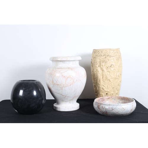 106 - A MISCELLANEOUS COLLECTION to include a marble vase, a marble dish, a moulded vase decorated with fi... 