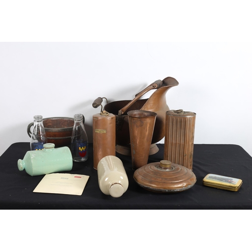 115 - A MISCELLANEOUS COLLECTION to include three vintage stone ware hot water bottles, two oak and plated... 