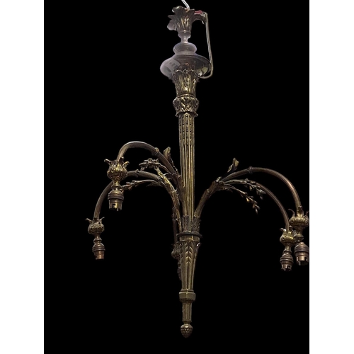 159 - A 19TH CENTURY BRASS FIVE BRANCH CHANDELIER the fluted tapering column issuing five scroll arms with... 