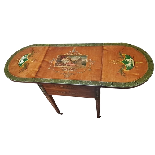 171 - A FINE 19TH CENTURY SATINWOOD AND POLYCHROME DROP LEAF TABLE of rectangular outline with demi lune s... 