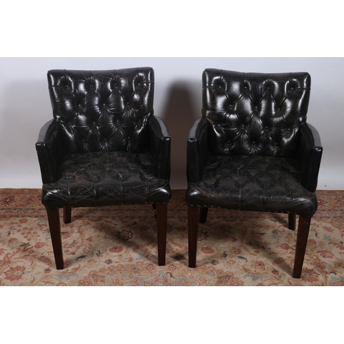 172 - A PAIR OF VINTAGE HIDE UPHOLSTERED AND MAHOGANY CLUB CHAIRS each with a deep buttoned upholstered ba... 